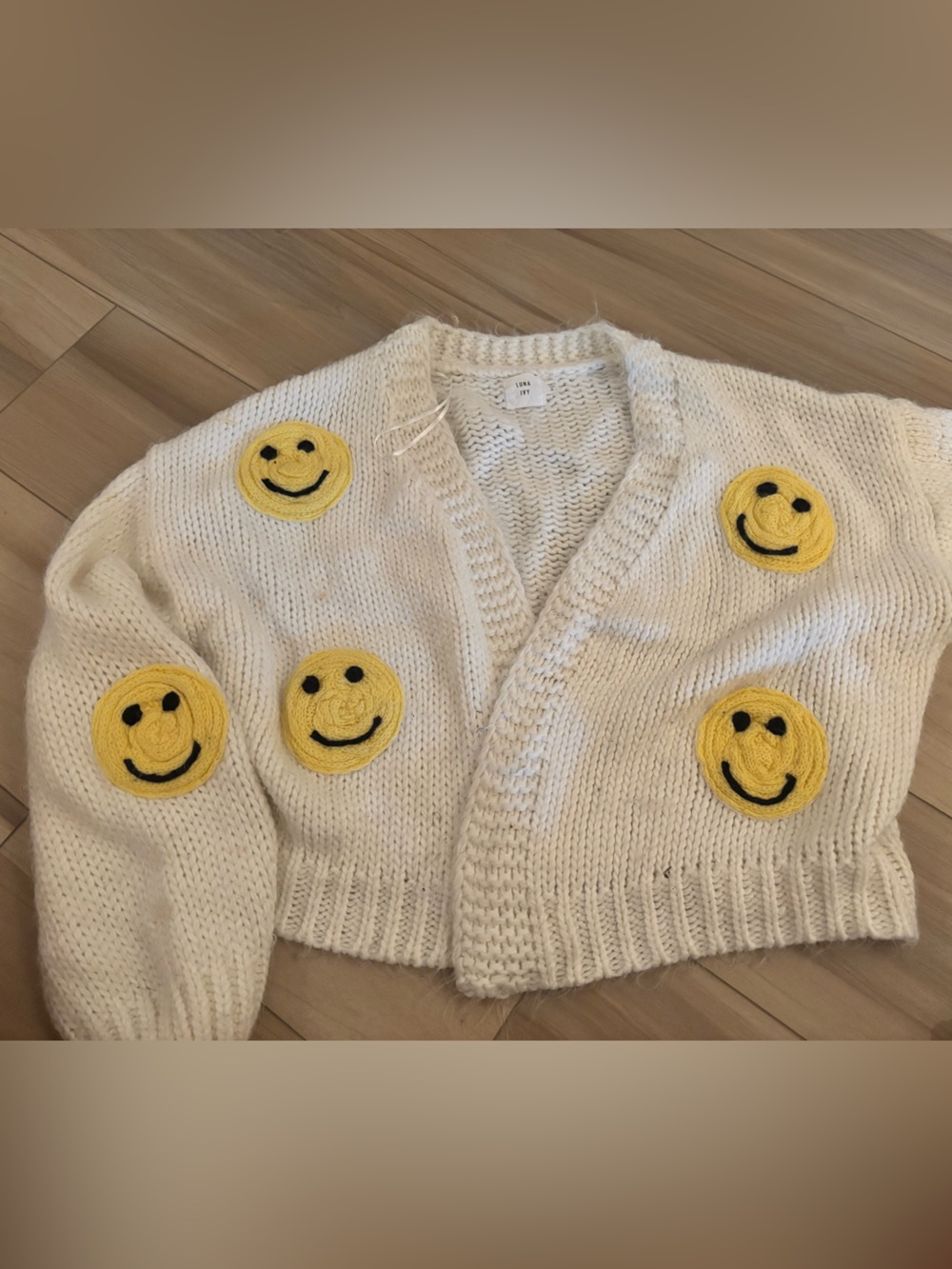 Cropped Cream Cardigan with Yellow Smiley Patches